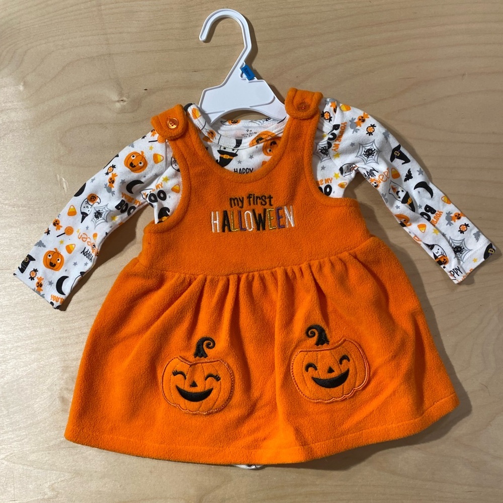 Baby Starters Orange Pumpkin Halloween Bodysuit and Dress 9M (PF)